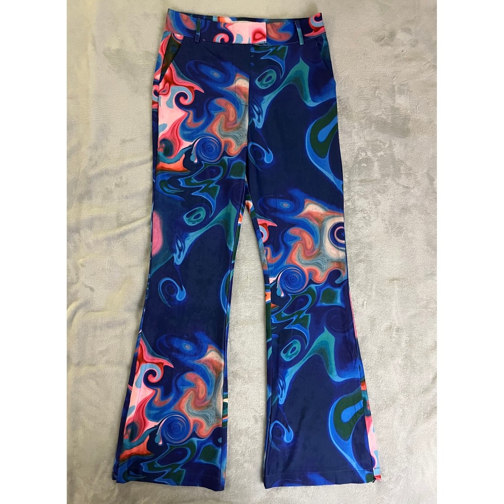House of Sunny US 8 Nice to Meet You Blue Psychedelic Swirl Flare Pants Festival